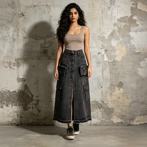 Detailed view of high-waisted cargo denim skirt with pockets and front slit