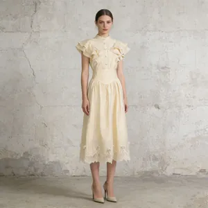 Full view of vintage romantic cream dress set with ruffled sleeves and lace hem