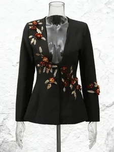 Sophisticated black blazer featuring 3D floral appliques and gold embroidery for women