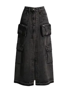 High-waisted cargo denim skirt featuring multiple pockets and a stylish front slit