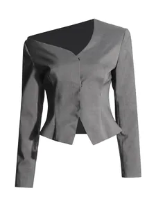 Elegante grijze asymmetrische off-shoulder blazer met lange mouwen en een slanke pasvorm
