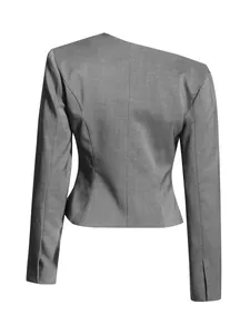 Achteraanzicht van een elegante grijze one-shoulder blazer met lange mouwen dames