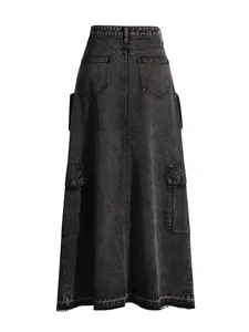 Detailed back view of a high-waisted washed grey cargo denim maxi skirt with pockets