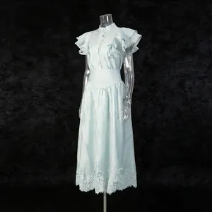 Elegant light blue flutter sleeve top and high waist A-line skirt set for women's retro style