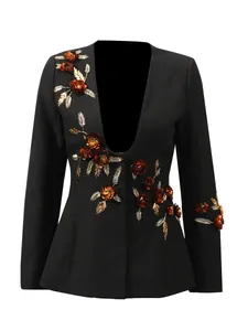 Elegant black blazer for women featuring heavy 3D floral appliqués and gold embroidery