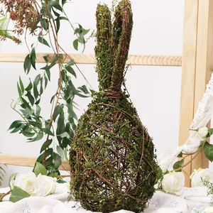 Handcrafted natural vine Easter rabbit ornament with green moss for Nordic home decor