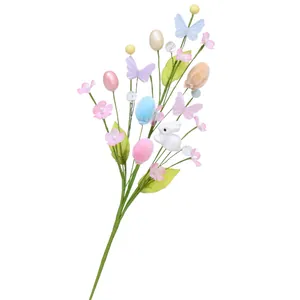 Easter floral pick with colorful eggs, pastel flowers, butterflies and white bunny