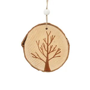 Natural wood round Christmas tree hanging ornament with rustic bark edge and white bead