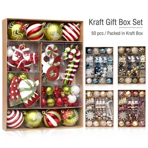 Christmas Tree Ornaments Painted Plastic Ball Decorations Hanging Pendants Mixed Shapes Kraft Gift Box Holiday Home Decor