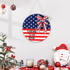 Independence Day Wooden Door Sign American Flag Welcome To Our Home Rustic Patriotic Burlap Bow Fourth Of July Plaque Decor