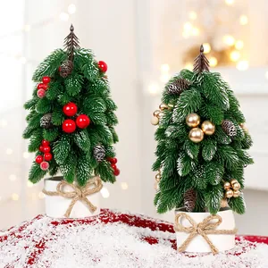 Artificial Noble Fir Mini Christmas Tree Desktop Bonsai Decoration With Pine Cones Berries Bow Indoor Home Party Ornament