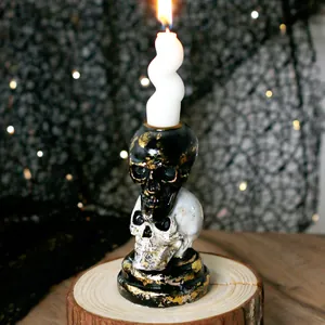 Halloween Skull Candle Holder European Style Resin Double Stacked Skeleton Figurine With Gold Foil For Home Party Decoration