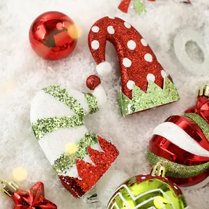 Festive 50-piece painted Christmas ball and glittery elf hat ornament set for tree decor