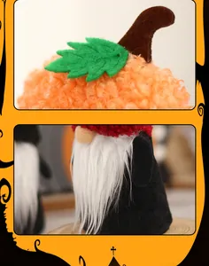Close-up detail of a soft plush Halloween gnome decoration with orange pumpkin hat