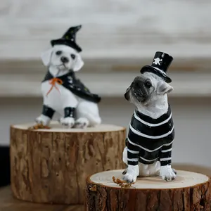 Halloween resin dog figurines with witch hat and pug in top hat for home decor
