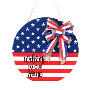 Round wooden American flag welcome door sign with bow for Independence Day home decoration