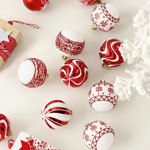 Set of 16 red and white hand-painted Christmas ball ornaments for tree decoration