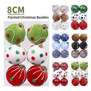 Lot de 6 Boules de Noël 8cm en Mousse Enveloppées de Tissu Avec Perles de Bouton Style Nordique Décorations Suspendues pour Arbre de Noël pour Fête et Maison