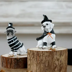 Halloween witch themed resin pet dog figurines on natural wooden bases