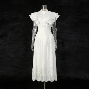 Vintage romantic white dress set with flutter sleeve top and lace hem A-line skirt