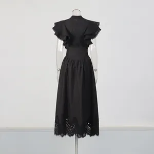 Black vintage romantic skirt set with flutter sleeve top and lace-trimmed A-line skirt