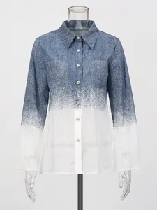 Chemise à manches longues avec dégradé denim bleu et ourlet en voile blanc élégant