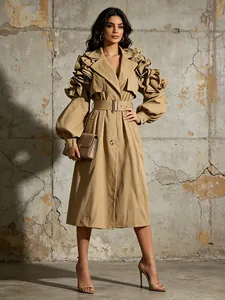 Women Elegant Mid-Length Trench Coat Ruffle Splicing Lantern Sleeve Slim Fit Outerwear With Belt Fashion Windbreaker