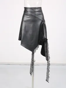 Stylish black faux leather asymmetrical mini skirt with elegant lace trim and draped detail