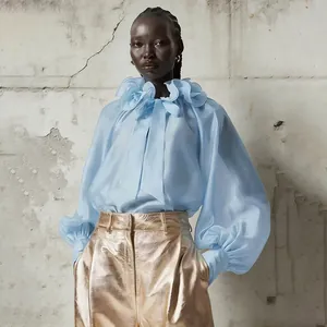 Detail shot of a light blue mesh blouse with elegant ruffled collar and tie bow