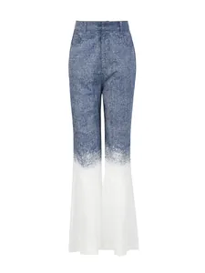 Pantalon évasé taille haute dégradé avec imprimé denim bleu et bas blanc