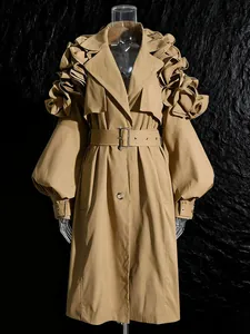 Women's mid-length khaki trench coat with ruffled shoulders and lantern sleeves