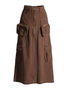 Stylish high waist brown cargo denim maxi skirt with functional multiple utility pockets