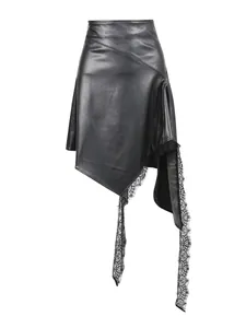 Chic black asymmetrical faux leather skirt featuring exquisite lace trim decoration