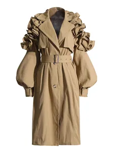 Elegant khaki midi trench coat with ruffled shoulders and lantern sleeves for women