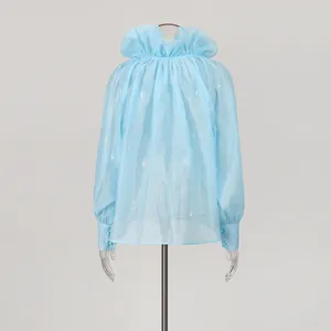 Close-up of light blue mesh blouse featuring ruffled neckline and buttoned cuffs.