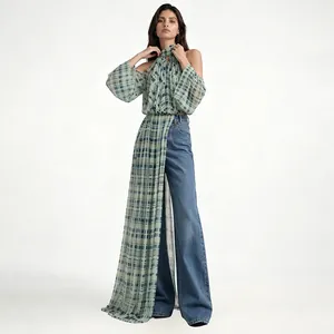 Elegante karierte Schifonbluse mit Neckholder, freien Schultern und langem Schleppendetail