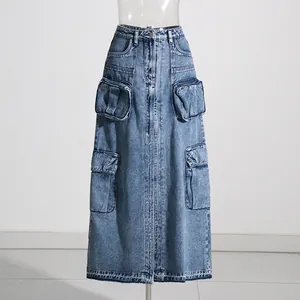 High-waisted cargo denim skirt in wash blue with utility pockets and front slit