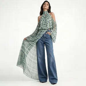 Modische Neckholder-Chiffonbluse mit Karomuster, freien Schultern und langer Schleppe