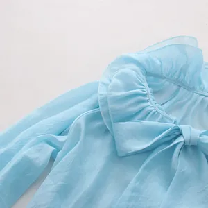 Detail of light blue French style blouse showing ruffle collar and delicate bow tie