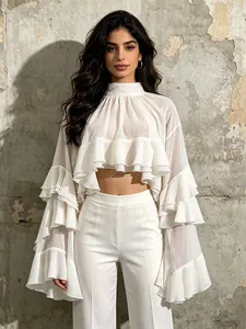 Dames Elegante Gelaagde Ruffle Chiffon Blouse Lange Mouw Opstaande Kraag Cropped Top Basis Effen Kleur Casual Boheems Overhemd