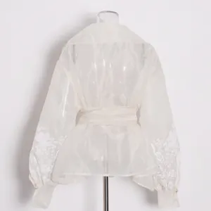 Back view of sheer vintage palace style blouse with elegant floral sleeve embroidery
