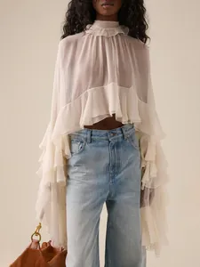 Elegante transparante chiffon blouse met gelaagde ruches en lange mouwen voor dames