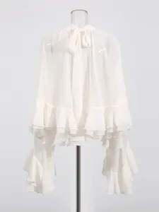 Elegante lichtroze chiffon blouse in Franse stijl met ruches en strik aan de nek