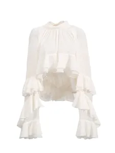 Elegante Franse stijl ruches opstaande kraag korte blouse in lichtroze voor de zomer