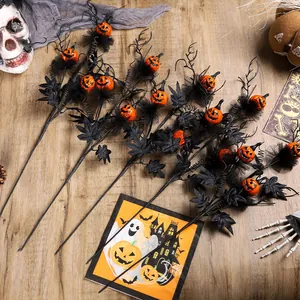 Rami Decorativi Zucca Halloween Neri Horror Jack-O-Lantern Steli Foglia Acero Gotico Festa Casa Ornamento Spaventoso Fogliame