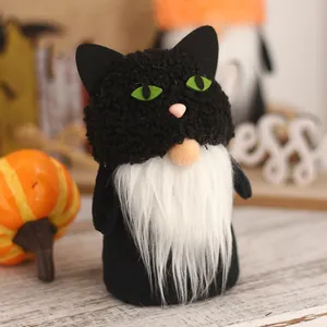 Adorable Halloween black cat gnome plush decoration with white beard and green eyes