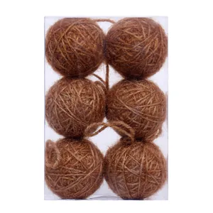 Set of 6 rustic brown yarn-wrapped Christmas ball ornaments in a clear gift box display