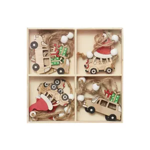 Set of 12 handcrafted Nordic style wooden Christmas car ornaments in a wooden storage box