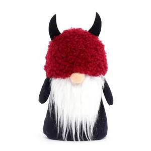 Handmade Halloween devil gnome plush doll with red fleecy hat and black horns ornament