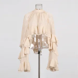 Elegante beige Lagenlook Rüschen Chiffon Crop Bluse mit langen gestuften Ärmeln